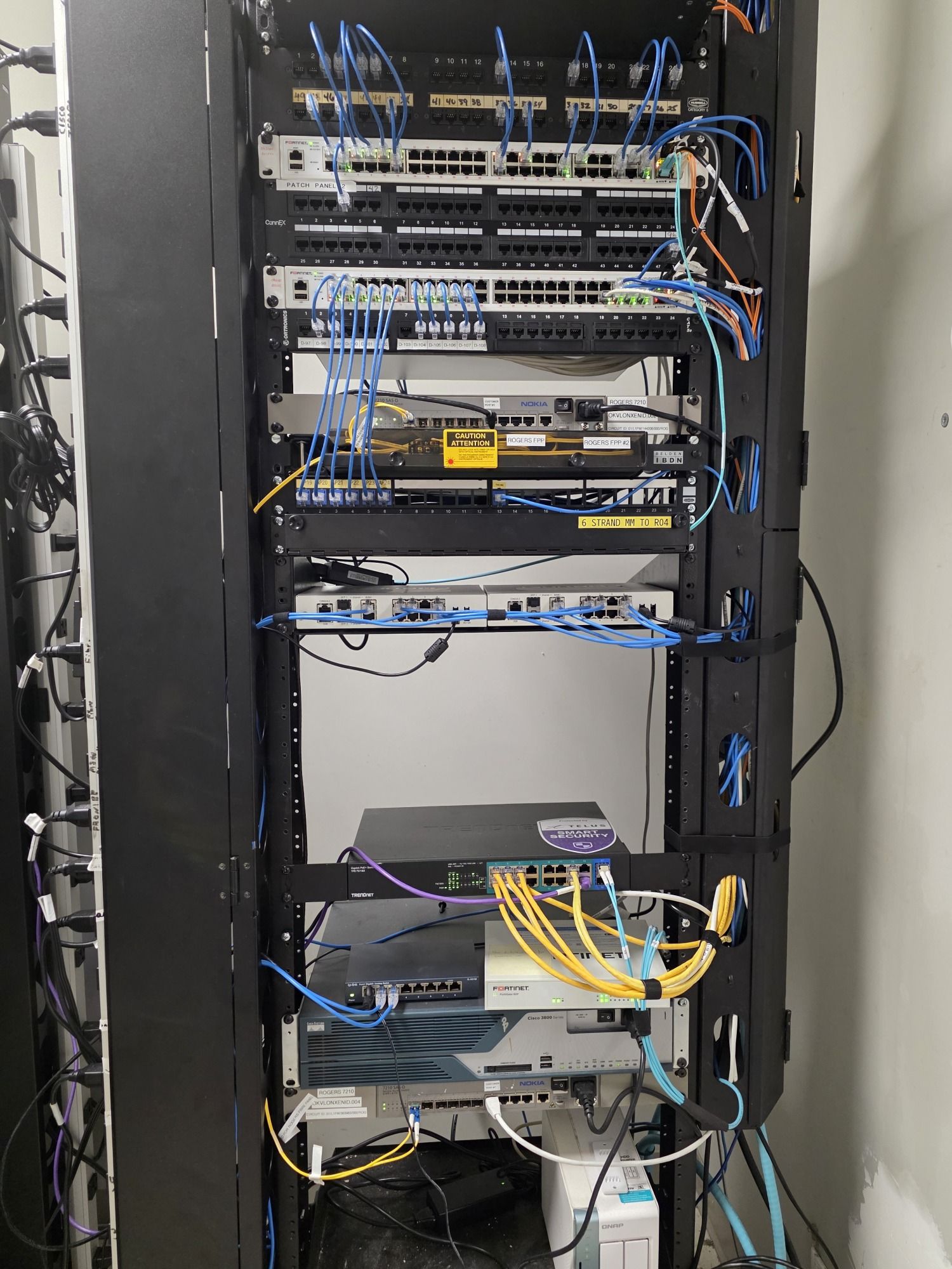 The same network cabinet after the rebuild: blue patch cables dressed in short, labelled runs and a clear cable manager