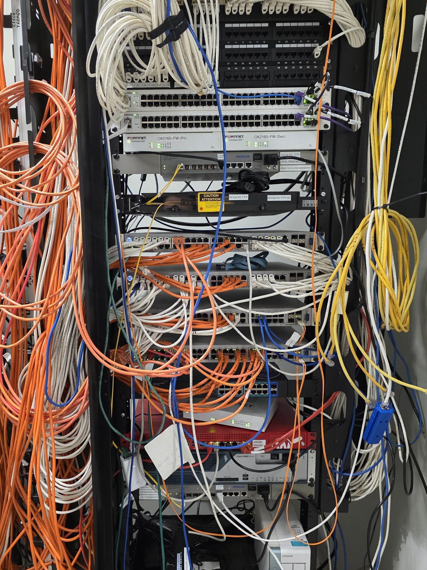 A network cabinet before the rebuild: orange, white, blue and yellow cables tangled across the switches and spilling out of the rack
